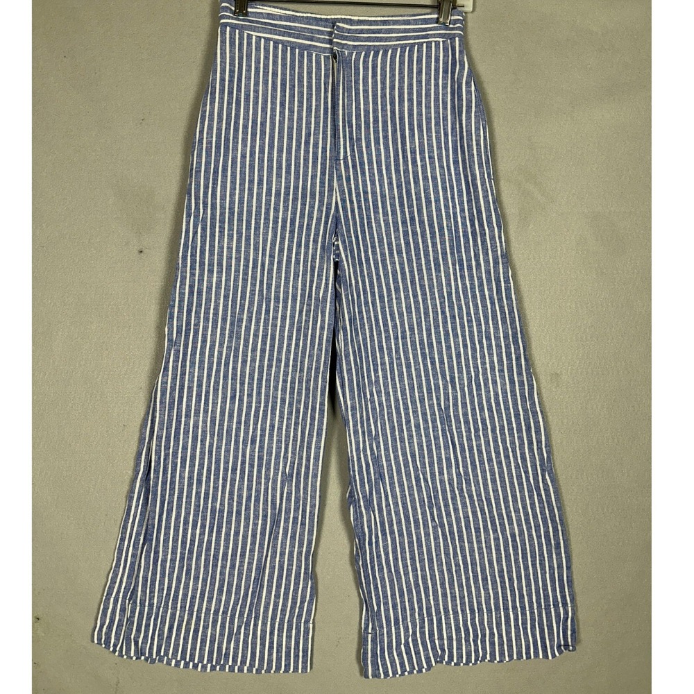 Lauren Conrad Pants Womens 4 Blue White Striped Cropped Wide Leg Linen Blend EUC